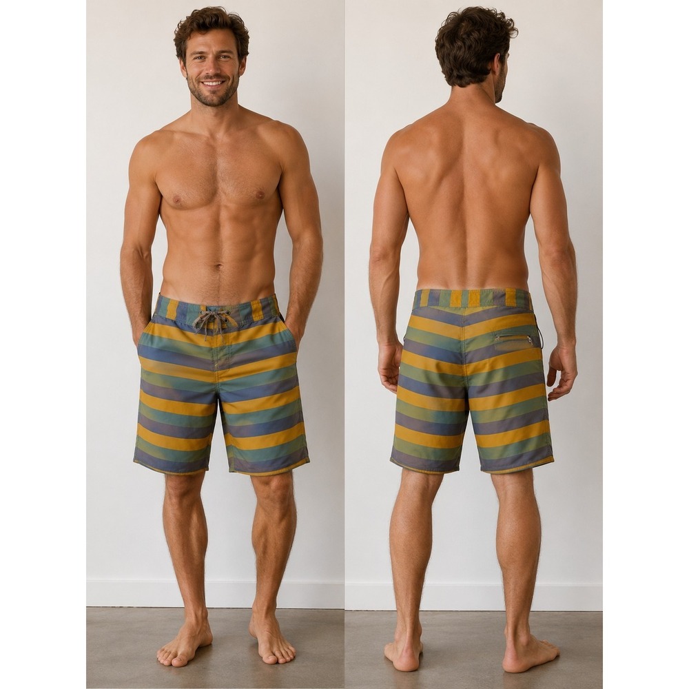 PATAGONIA WAVEFARER BOARD SHORTS MEN 34 YELLOW STRIPED BEACH 19" SWIM TRUNKS EUC